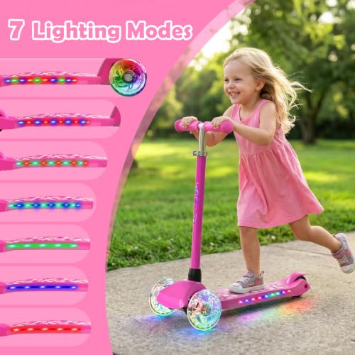Kids Scooter with Lights and Adjustable Height - Rose Red, 7 Lighting Effects, 3-Wheel Toddler Ride-On