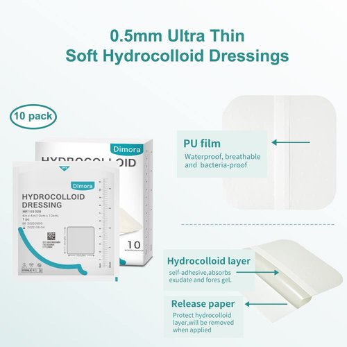 Dimora Hydrocolloid Adhesive Bandage, Hydrocolloid Wound Dressing Thin Type 4'' x 4'', Individually Sterile Packed Hydrocolloid Patches, Box of 10 Dressings