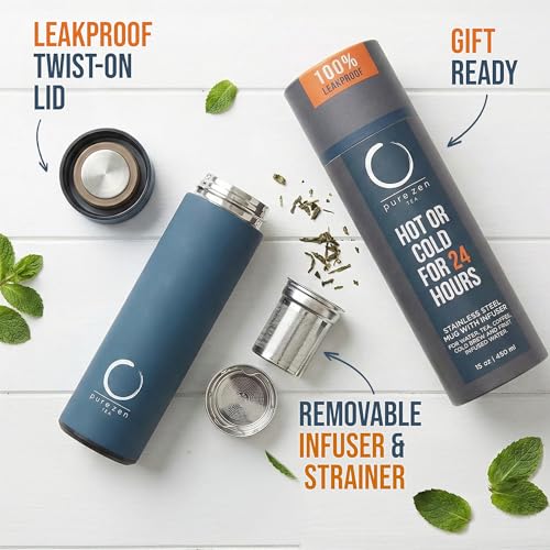 Blue Insulated Tea Infuser Bottle 15 oz - Travel Tea Thermos with Infuser
