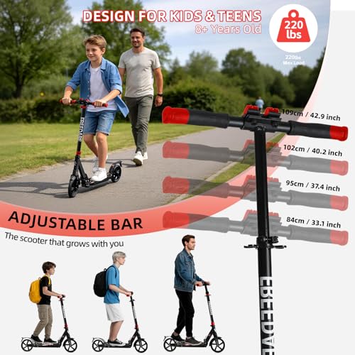FREEDARE Foldable Kids & Teen & Adult Kick Scooter - Black Red, Adjustable & Lightweight