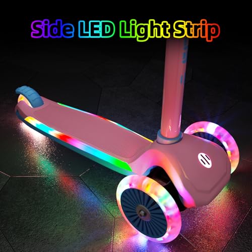 Pink Kids Scooter with Light-Up Wheels & Adjustable Height, 3-Wheel Toddler Ride-On