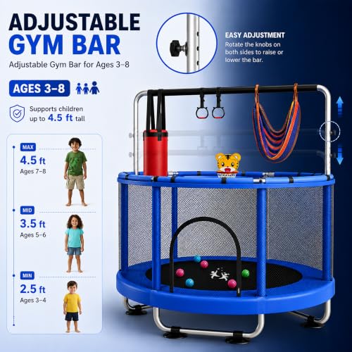 Kids Indoor & Outdoor Trampoline with Basketball & Accessories - Blue, Black