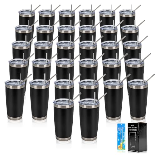Black 20oz Stainless Steel Insulated Tumblers Bulk Pack with Lids & Straws - 32 Count