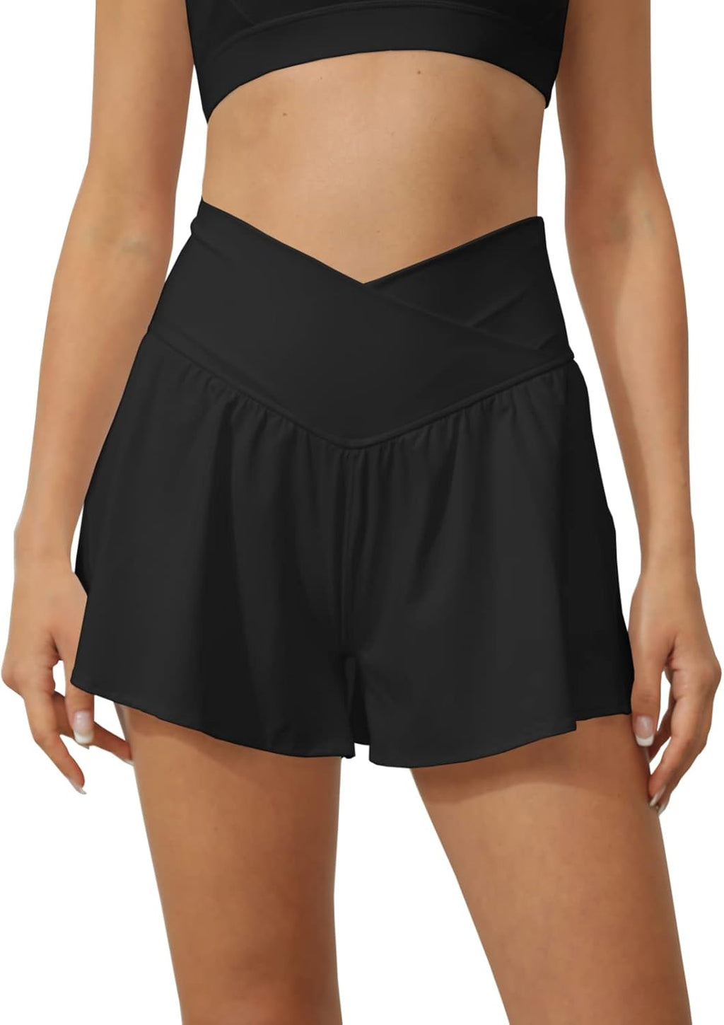 Tongmingyun Women's Crossover Athletic Shorts - Flowy 2-in-1 High Waist Skorts with Pocket for Running