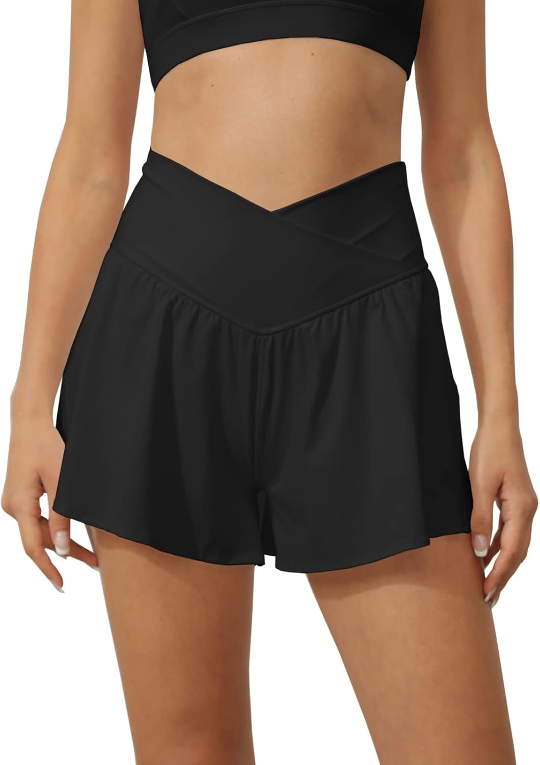 Tongmingyun Women's Crossover Athletic Shorts - Flowy 2-in-1 High Waist Skorts with Pocket for Running