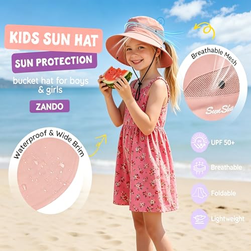 Pink Kids Sun Hat UPF 50+ Summer Beach Bucket Hat for Girls 4-8 Years