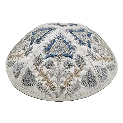 Silver Embroidered Kippah for Men Women - One Size Yarmulke with Oriental Pattern