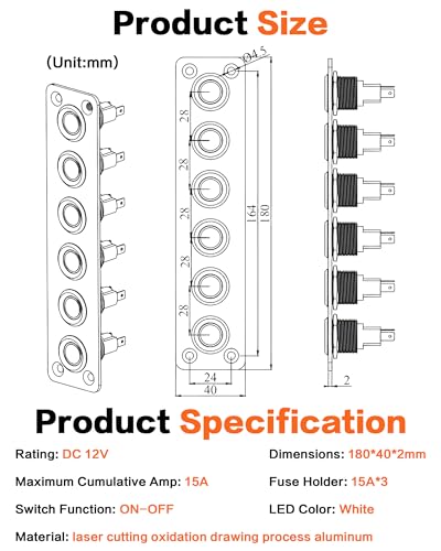Marine Rocker Switch Panel 6 Gang Aluminum with White LED Indicator - 12-24V, Waterproof