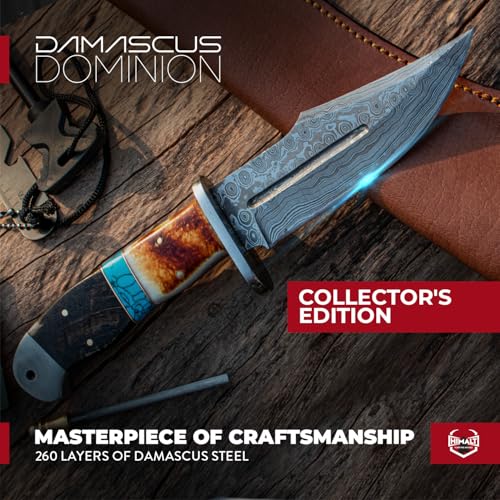Himalt 10.5" Handmade Damascus Fixed Blade Hunting Knife with Sheath, Ram Horn & Camel Bone Handle, Outdoor Survival Knife for Men