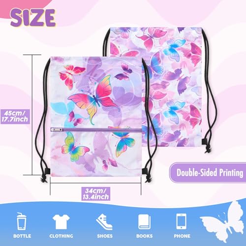 Kids Drawstring Backpack with Zipper Pocket - WAWSAM Gym/Swim Cinch Bag, Butterfly Variation