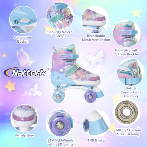Nattork Kids Adjustable Purple Roller Skates for Girls & Boys with Light-Up Wheels, Butterfly Design, 4 Sizes