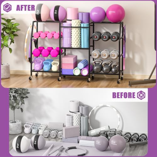 Large Dumbbell Rack with Yoga Mat Storage & Wheels - Home Gym Organizer