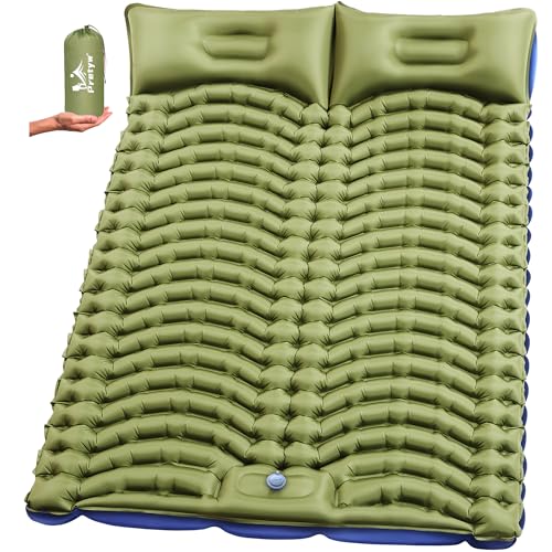 Olive Green Double Camping Sleeping Pad with Pillow & Built-in Foot Pump - 4 Inch Thick