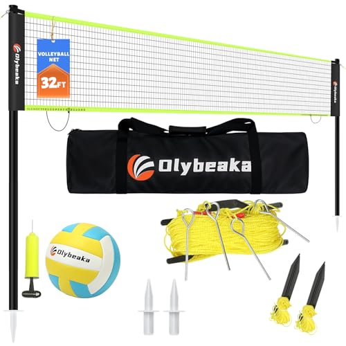 Outdoor Portable Volleyball Net Set with 4 Adjustable Poles - Black and Green