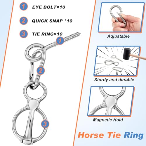 Horse Tie Ring Set with Snap and Eye Bolt - Stainless Steel Equestrian Equipment