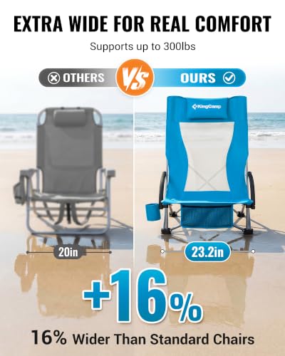 KingCamp Ergobreeze H Blue Wide Low Folding Beach Chair for Adults