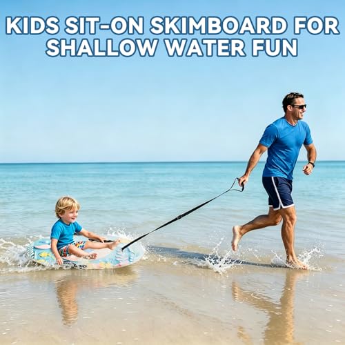 ELDGREON Whale Ocean Wooden Skimboard for Kids with Handles & Tow Rope - Beach & Shallow Water Toy