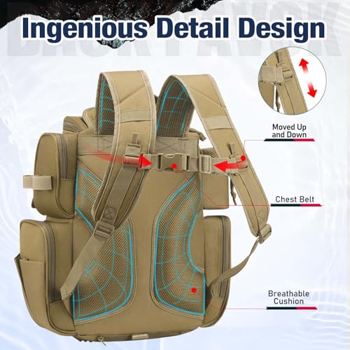 Piscifun Fishing Tackle Backpack with 2 Rod Holders, 4 Boxes & Rain Cover - Khaki