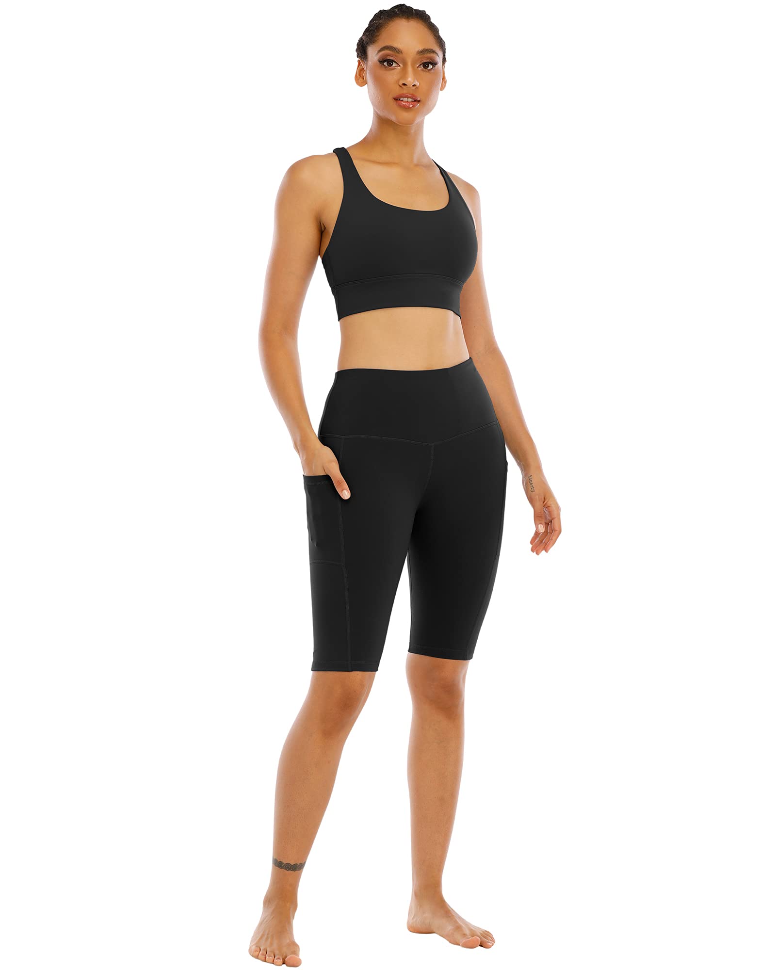 WHOUARE 4 Pack Biker Yoga Shorts with Pockets for Women,High Waisted Athletic Running Workout Gym Shorts Tummy Control, Black,Red Bean Paste,Gray Blue,Bean Green,XL