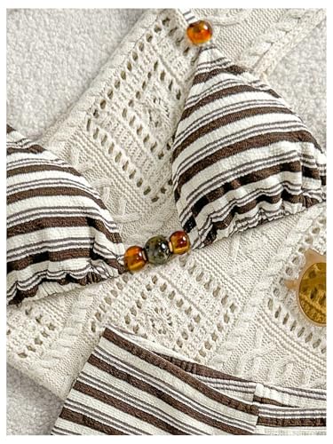 Women's Striped Halter Bikini Set Beaded Triangle Swimsuit Small Coffee Brown