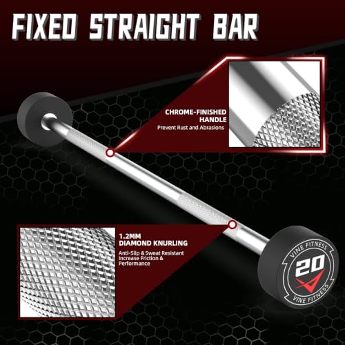Vine Fitness 20LB Rubber Coated Fixed Barbell – Straight & EZ Curl, Solid Steel, Home Gym Equipment