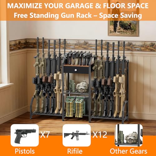 EnigmaSoul 12-Gun Double-Sided Tactical Indoor Gun Rack with Storage Drawer, Heavy Duty Metal Floor Stand for Rifles & Handguns