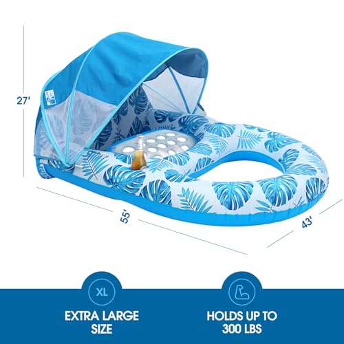 Blue Pool Lounge Float with Canopy - Extra Large Adult Inflatable Float with Cup Holder & Backrest