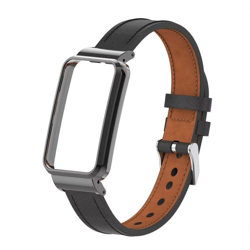 T-BLUER Compatible with Xiaomi Mi Band 7 Pro Band,Mi Band 7 Pro Leather Replacement Bracelet Strap Wristband Accessories with Metal Frame for Xiaomi Mi Smart Band 7 Pro,Black