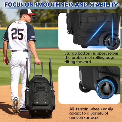 SunForMorning Black Rolling Baseball Bag with Wheels, Catchers Gear Storage