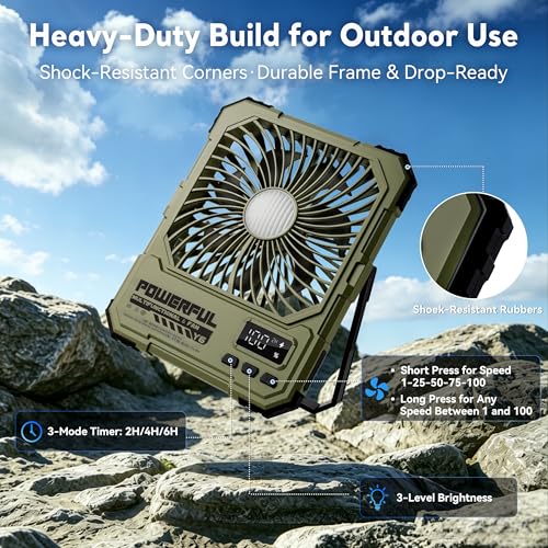 Portable Camping Fan with Power Bank Khaki - 20000mAh Foldable Rechargeable Fan with LED Light & Remote