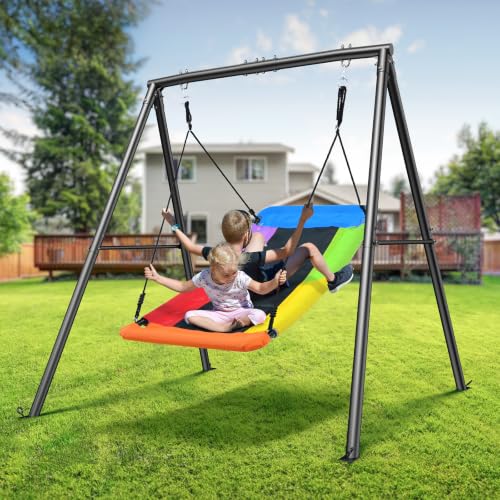 60-Inch Saucer Swing Set with Stand - Rainbow Swing, 440LBS Capacity, Black Frame