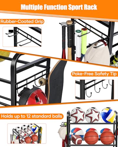 Large Black Ball Storage Rack with Wheels for Garage & Sports Equipment