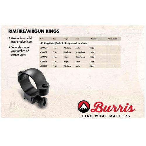 Burris RimFire/Airgun Rings, 1 in, 22 Ring Pair, Groved Receiv., Deluxe Steel, Med.,Mat. Bl.(420069)