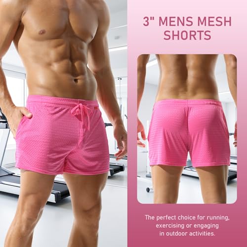 Mens Mesh Workout Shorts Large Rose Red 3 Inch Inseam Athletic Running with Pockets