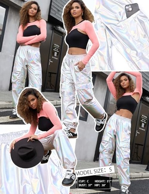 Perfashion Metallic Cargo Pants 4 5t for Girls Silver Hip Hop Dance Joggers Sweatpants for Little Girls Disco 80 S