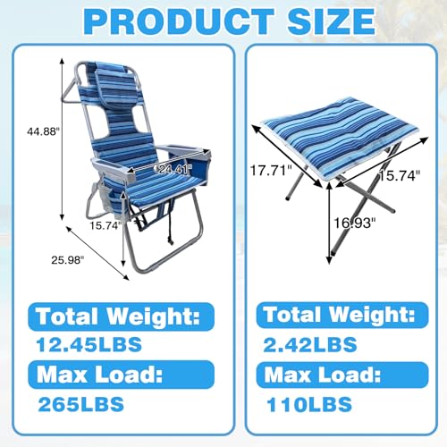 WKFAMOUT 16" Navy Portable Beach Chair with Face Hole & Cooler, Heavy Duty Folding Lounge Seat for Adults