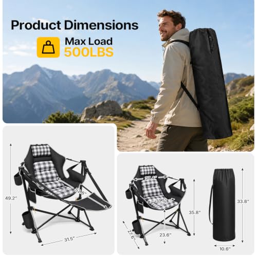 ZENPETIO Heavy-Duty Camping Chair with Footrest & Thick Cushion Black & Grey – Supports 500 lbs