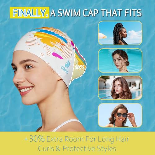 OMID Multi-Color Streak Silicone Swim Cap for Long & Thick Hair - Extra Large Pool & Beach