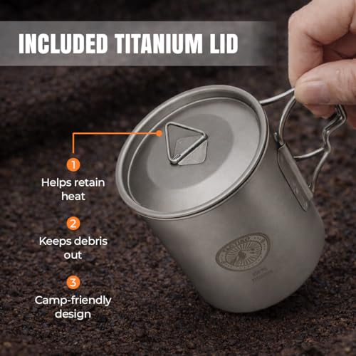 Titanium Camping Mug 15 oz - Ultra Lightweight, Fire Safe, Folding Handle