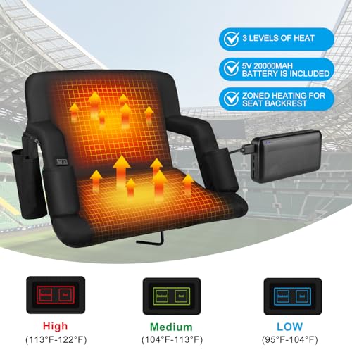 20-Inch Black Heated Bleacher Seat with Back Support & 20,000mAh Battery - Dual-Sided with Recline