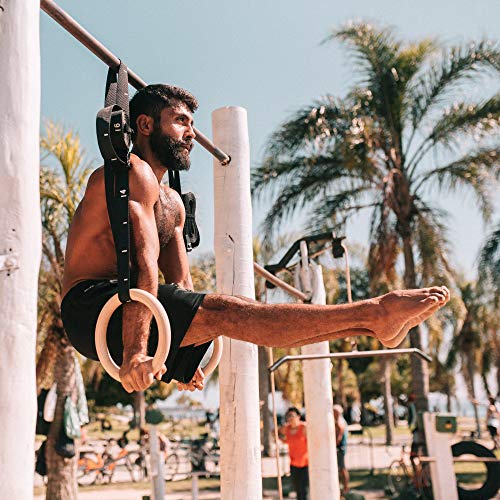Pullup & Dip Wooden Gymnastic Rings Set with Wide Straps & Door Anchor - Calisthenics & Crossfit Equipment for Indoor & Outdoor Training