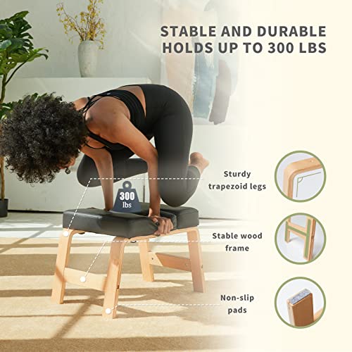 OIXXAF Yoga Headstand Bench – Wooden Inversion Stool for Beginners, Relieves Neck & Shoulder Pressure, Supports Up to 300 lbs, Black