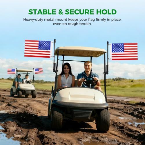 10L0L 2 Pack Golf Cart Flag Holder Kit with Embroidered USA Flags & Black Stainless Poles