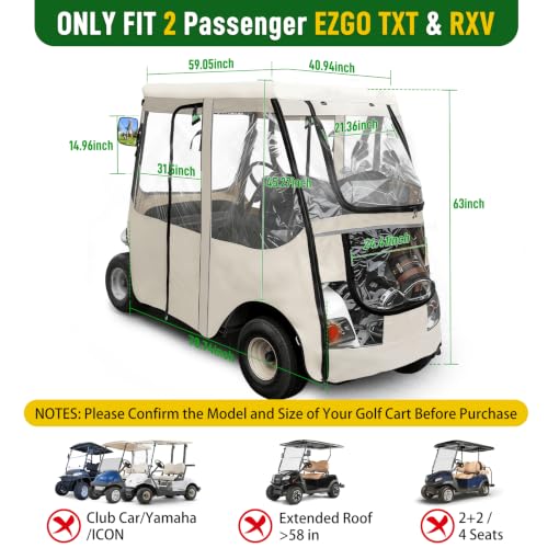 Golf Cart Rain Enclosure for EZGO 2-Seaters with Clear Windows - Heavy Duty Waterproof Cover