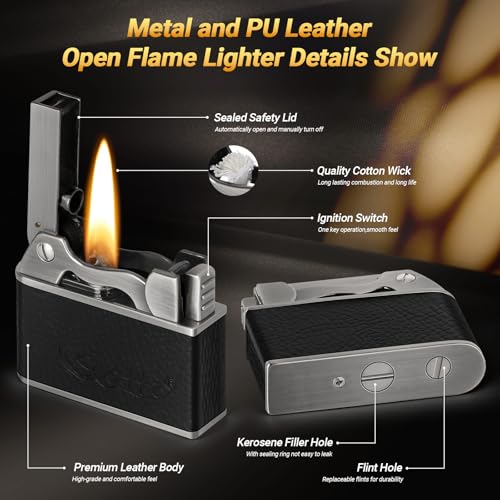Vintage Kerosene Lighter with Windproof Soft Flame, Leather & Metal Design, Refillable Pocket Torch, Gift for Men