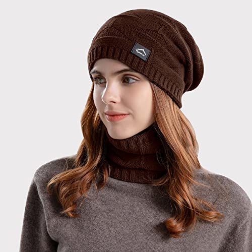 Unisex Winter Beanie Hat Scarf Gloves Set - Brown Knit Slouchy Ski Cap with Fleece Lined Neck Warmer