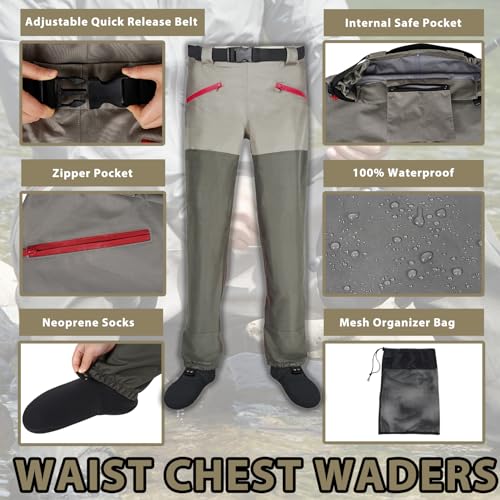 JUSTOOP Medium Waist Wader Pants for Men & Women - Breathable Waterproof Fishing Gear