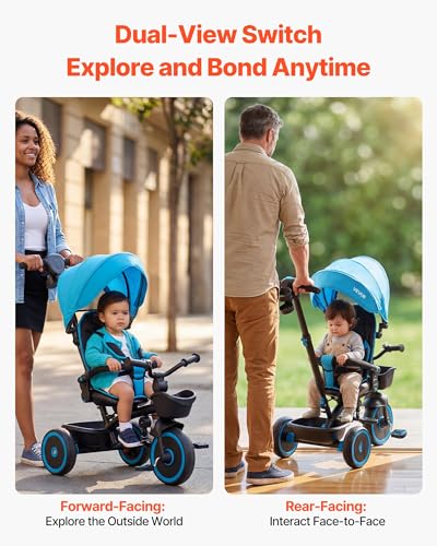 VEVOR 6-in-1 Toddler Tricycle & Stroller with Canopy, Parent Push Handle, Adjustable Seat, Blue/Black