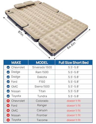 Truck Bed Air Mattress with Removable Extension for Compact Regular Beds