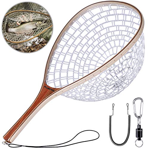 PLUSINNO Fly Fishing Landing Net Wooden Handle with Magnetic Release - Straight Handle